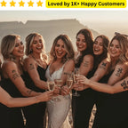 Group of women celebrating with champagne glasses outdoors, with text 'Loved by 1K+ Happy Customers' at the top. Style your squad with custom bachelorette tattoos for parties, photos & fun