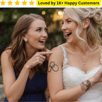 Two women, one in a blue dress and the other in a white wedding dress, with a tattoo on her arm. Explore wedding tattoo ring designs for couples, guests, and stylists—printed locally in South Africa