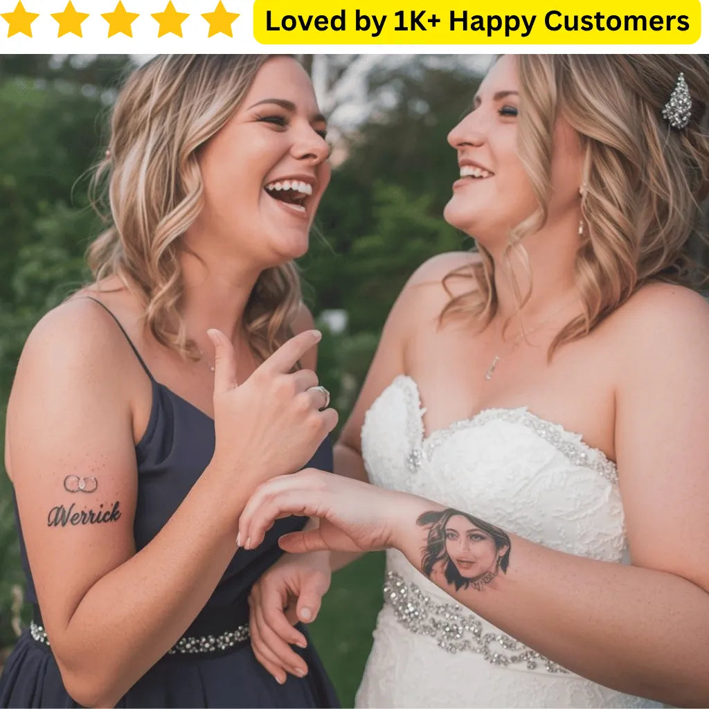 Two women with tattoos on their arms, one in a wedding dress, outdoors. Style your squad with custom bachelorette tattoos for parties, photos & fun. Explore wedding tattoo ring designs for couples, guests, and stylists—printed locally in South Africa