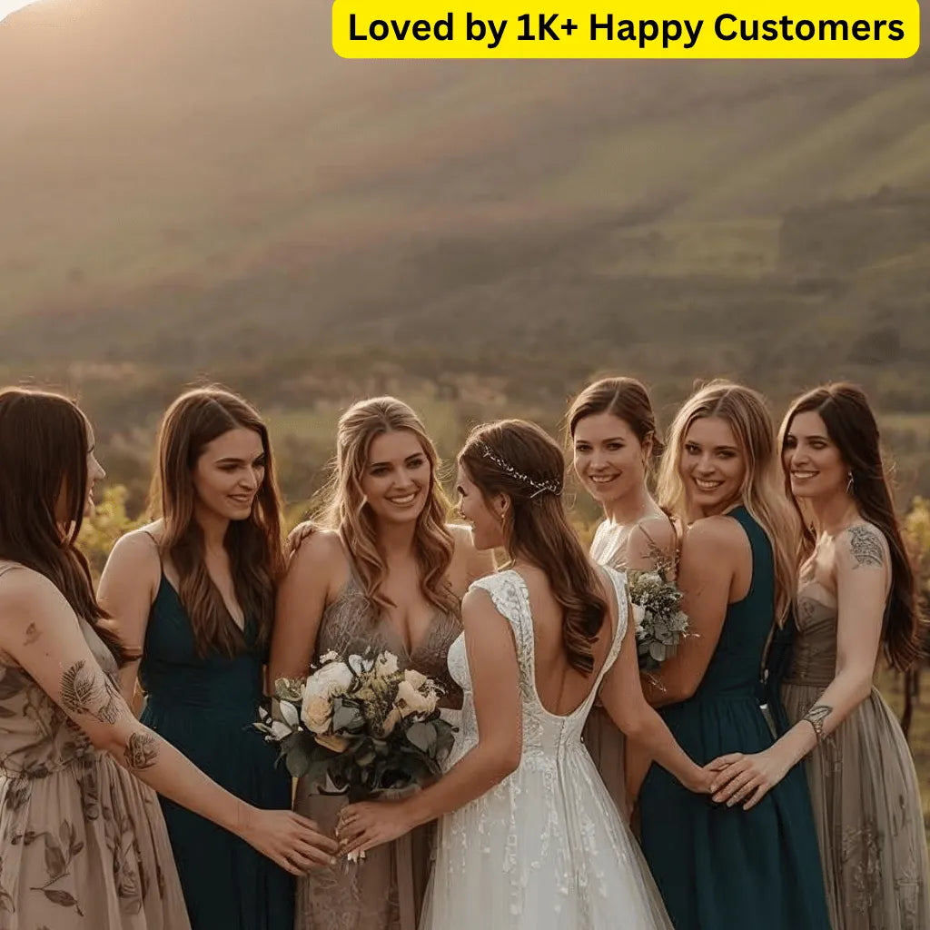 Group of women, including a bride, standing together outdoors with mountains in the background. Your design. Your message. Your moment—printed as a skin-safe temporary tattoo. 
