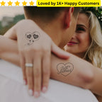 Two people with 'Just Married' tattoos on their arms, surrounded by a romantic setting. Celebrate Love with Wedding Temporary Tattoos That Add Fun and Flair to Your Big Day 