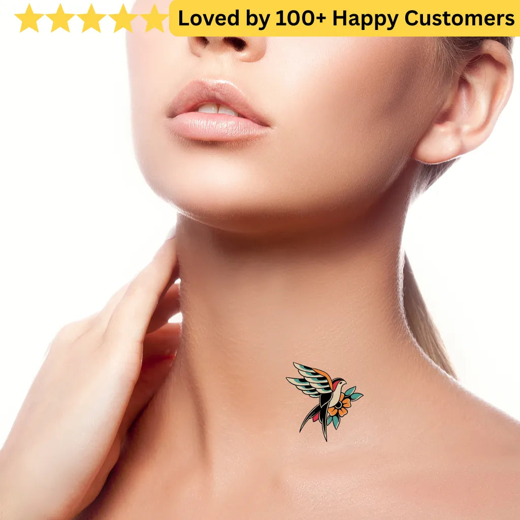 Woman with a colorful bird tattoo on her neck, surrounded by text about customer satisfaction. 5 Confident Style with TeMaRo Tattoos Women Chest