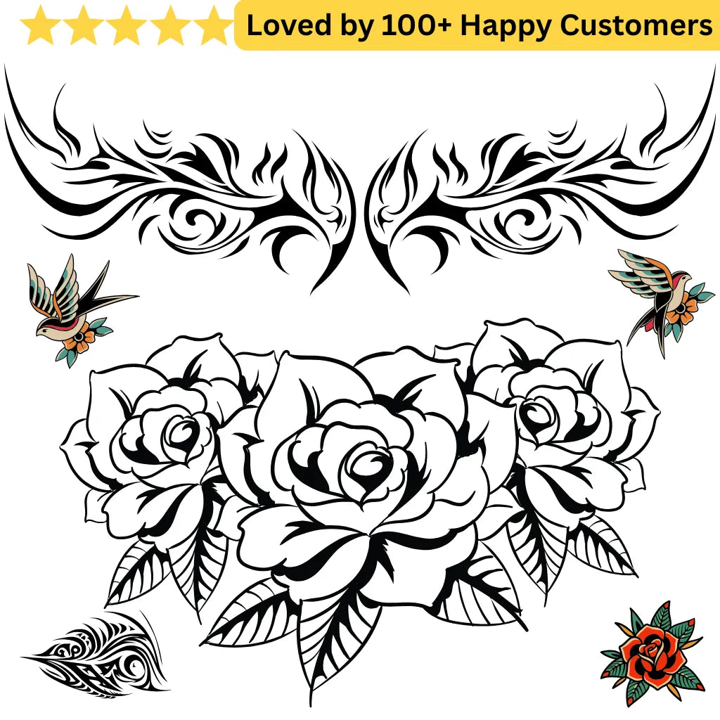 Black and white floral and feather design with birds on a white background, featuring text 'Loved by 100+ Happy Customers'. 5 Confident Style with TeMaRo Tattoos Women Chest
