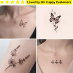 Collage of butterfly and floral tattoos on skin with text 'Loved by 1K+ Happy Customers'. Upload your Artwork to Create Stylish, Meaningful Tattoos for Women. Order Long Lasting Temporary Tattoo, Better Than Inkbox Styles 