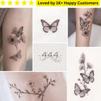 Collage of butterfly and floral tattoos on skin with a brand logo and customer feedback text. Upload your Artwork to Create Stylish, Meaningful Tattoos for Women