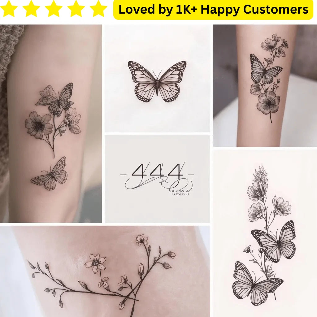 Collage of butterfly and floral tattoos on skin with a brand logo and customer feedback text. Upload your Artwork to Create Stylish, Meaningful Tattoos for Women