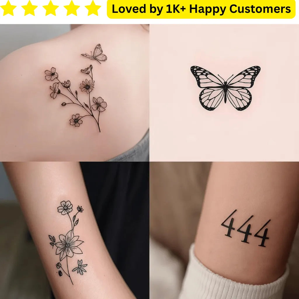 Collage of four tattoo designs on skin with text 'Loved by 1K+ Happy Customers'.  Upload your Artwork to Create Stylish, Meaningful Tattoos for Women