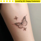 Butterfly tattoos on a person's arm with a five-star rating and customer count overlay. Upload your Artwork to Create Stylish, Meaningful Tattoos for Women