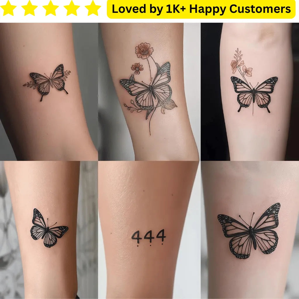 Collage of butterfly tattoos on different body parts with a five-star rating and customer count label. Upload your Artwork to Create Stylish, Meaningful Tattoos for Women. Order Long Lasting Temporary Tattoo, Better Than Inkbox Styles 
