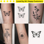 Collage of temporary tattoos with butterfly, floral, and number designs on skin. Upload your Artwork to Create Stylish, Meaningful Tattoos for Women
