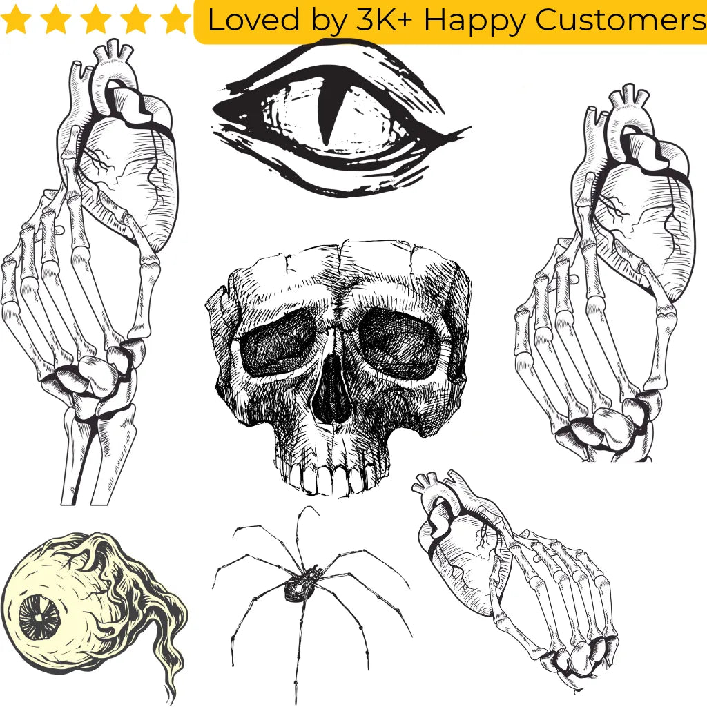 Black and white illustrations of anatomical and spooky elements on a white background. Small Horror Flash Tattoos