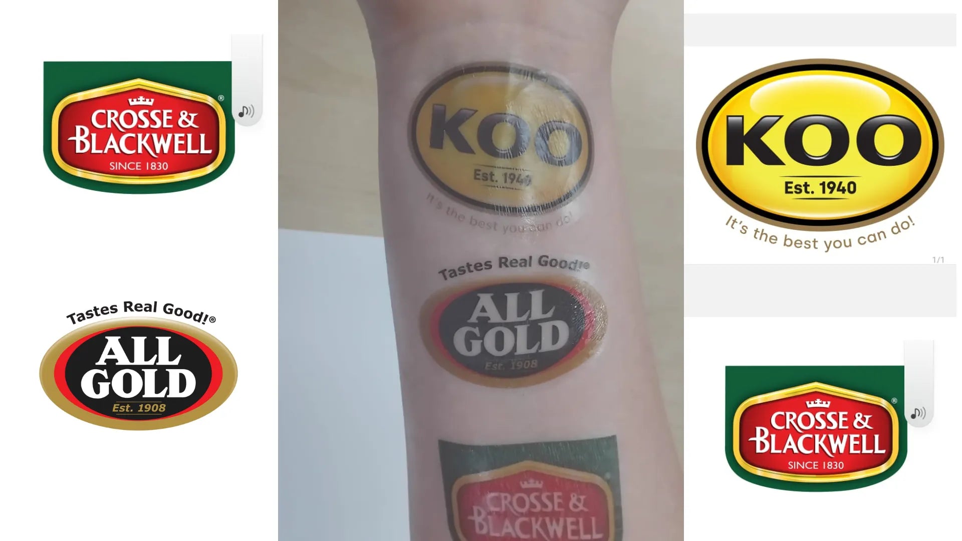 temporary tattoosof various brand logos including KOO, All Gold, and Crosse & Blackwell. 