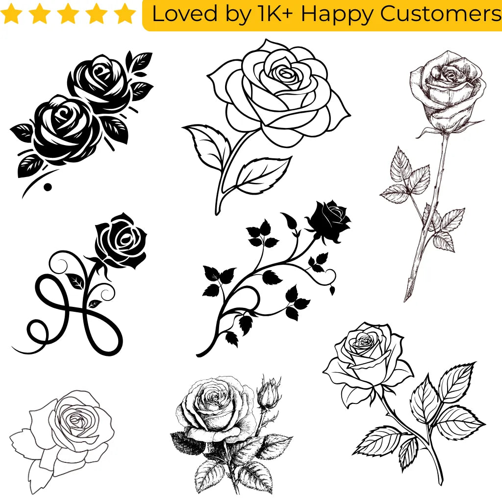 Set of black and white rose designs on a white background with text 'Loved by 1K+ Happy Customers'. Elegant Rose Temporary Tattoos with Lifelike Detail and Style