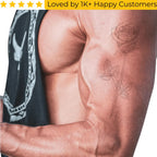 Tattoo of a rose on a person's arm with a black sleeve in the background, and text 'Loved by 1K+ Happy Customers' at the top. Elegant Rose Temporary Tattoos with Lifelike Detail and Style