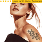 Woman with a rose tattoo on her shoulder against a white background, Elegant Rose Temporary Tattoos with Lifelike Detail and Style