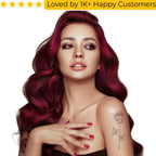 Woman with vibrant red hair and a tattoo on her shoulder, with text 'Loved by 1K+ Happy Customers' above. Elegant Rose Temporary Tattoos with Lifelike Detail and Style