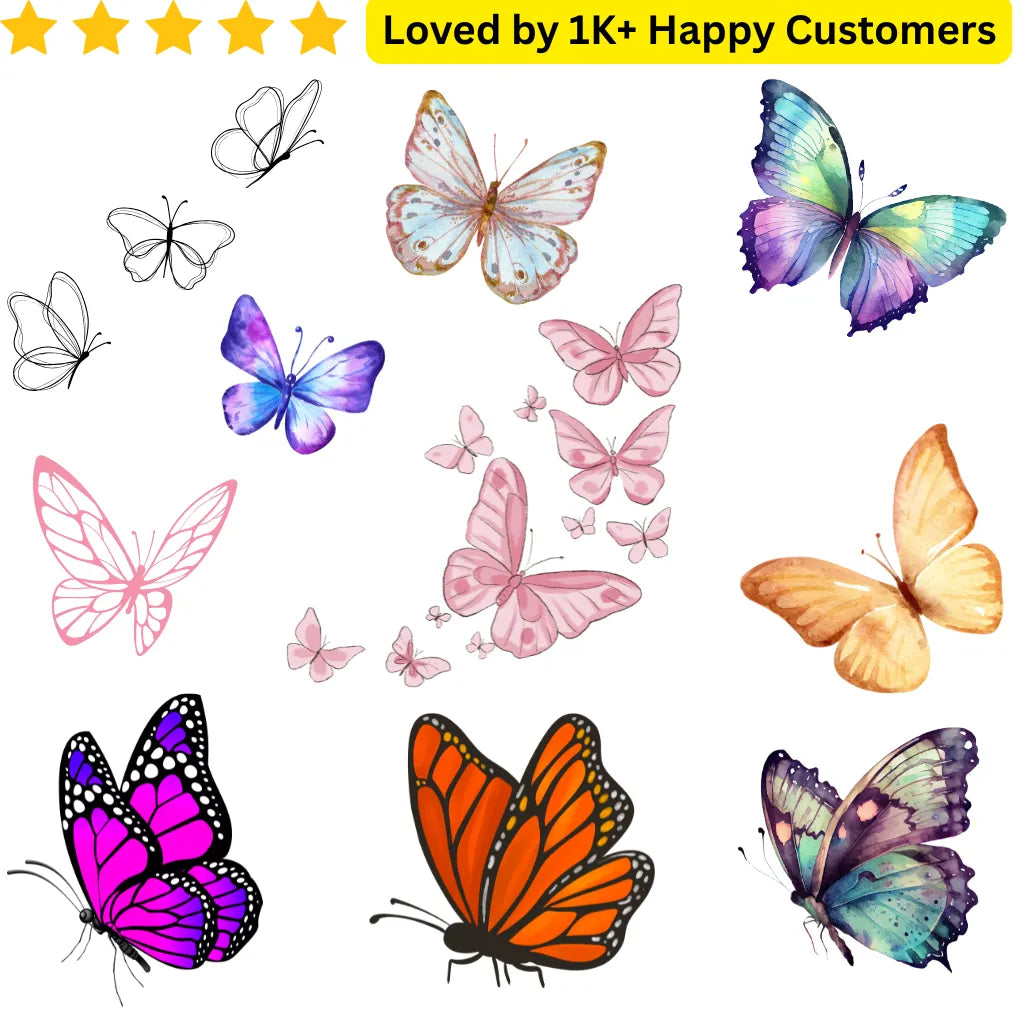 Collection of colorful butterflies on a white background with text indicating customer satisfaction. For Women Tattoos- Discover Elegant &amp; Meaningful