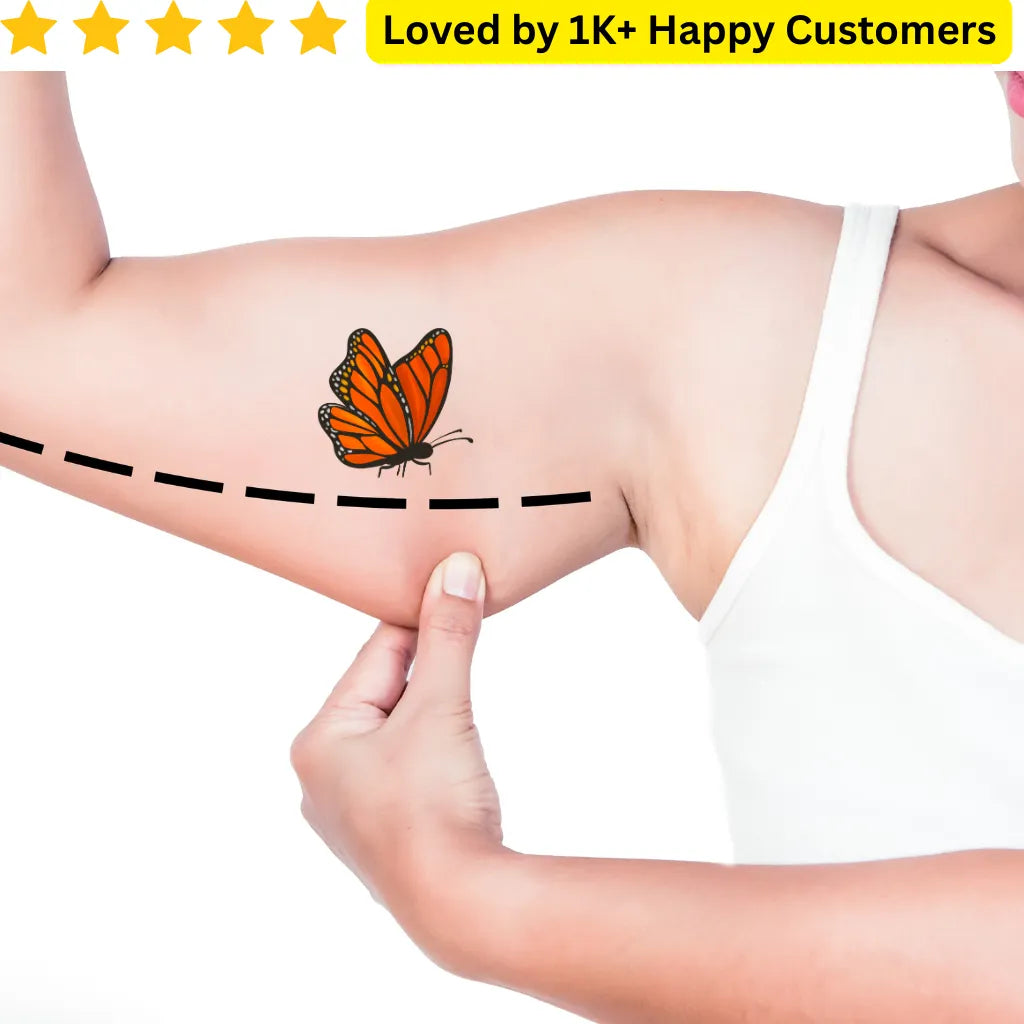 Butterfly tattoo design on arm with text 'Loved by 1K+ Happy Customers' above. For Women Tattoos- Discover Elegant &amp; Meaningful