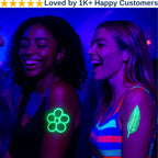 Two people with UV-reactive tattoos on a dark background