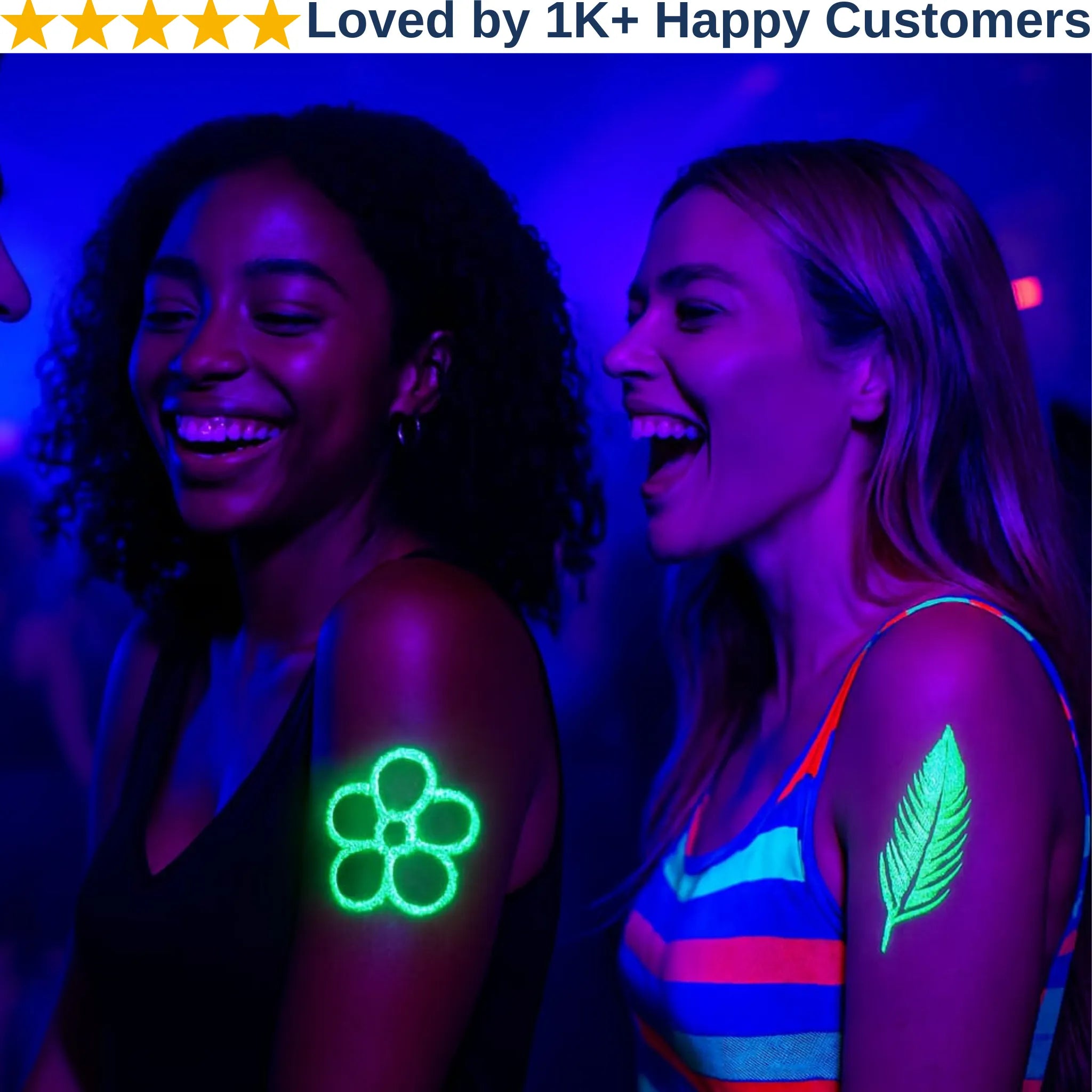 Two people with UV-reactive tattoos on a dark background