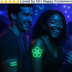 Two people with glowing green designs on their arms at a party. Glow in the Dark Tattoos 
