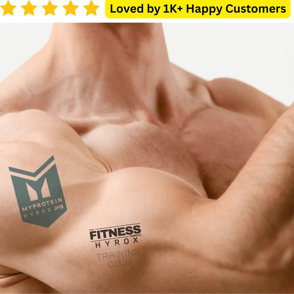 Muscular person with tattoos of MyProtein and Fitness Hyrox logos on a white background. Hyrox Temporary Tattoos Race-ready, Motivational, and Custom Designs for Hyrox athletes
