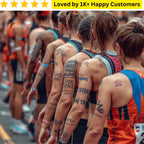 Runners with tattoos at a race, with a text overlay about customer satisfaction. Custom Temporary Tattoos Perfect for Events, Brands, Sports Teams, Celebrations and More