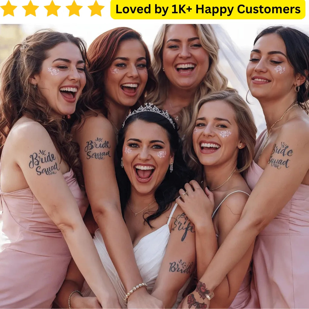 Group of women celebrating with tattoos and a tiara, surrounded by text about happy customers. Upload Artwork, Choose Tattoo Options, and Get Delivery Within 1-3 days in Durban, Richards Bay, Pinetown or Umhlanga. Order the Best Temporary Tattoo in Cape Town with Custom Designs & Fast Delivery 