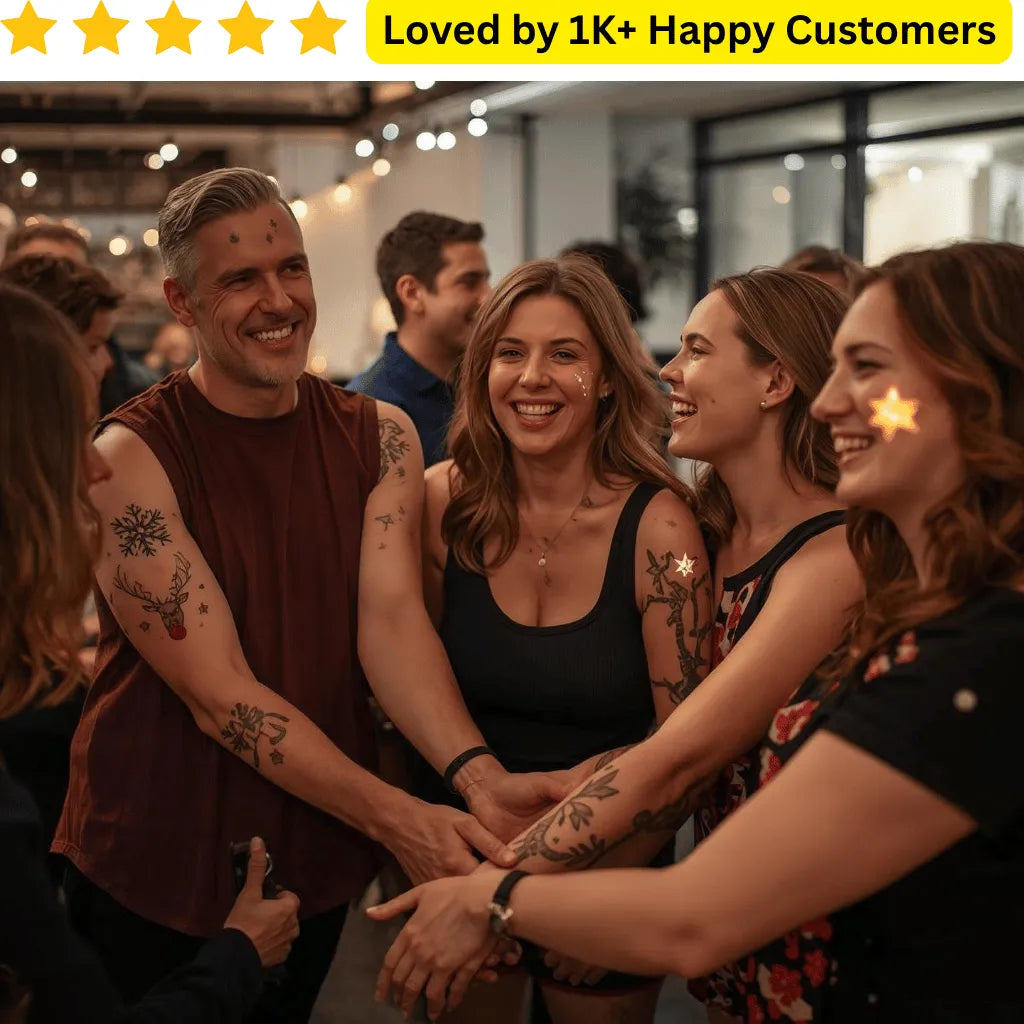 Group of people with tattoos smiling and holding hands, with a text overlay about happy customers. Order Long Lasting Temporary Tattoos in South Africa, Better than Inkbox styles &  Ephemeral ink