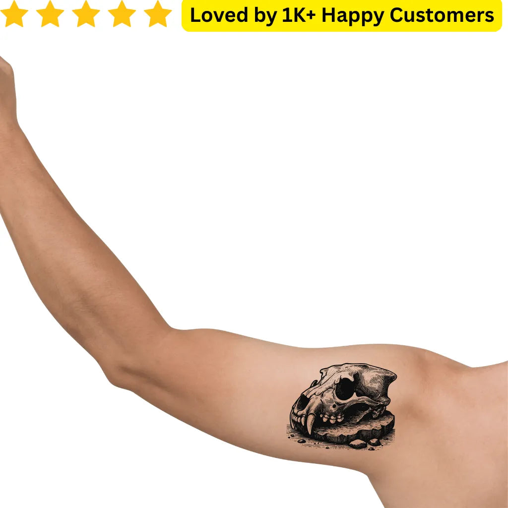 Tattoo of a skull design on a person's arm with a five-star rating and text 'Loved by 1K+ Happy Customers' above. Men's Tattoos Arm for Testing Your Next Tattoo