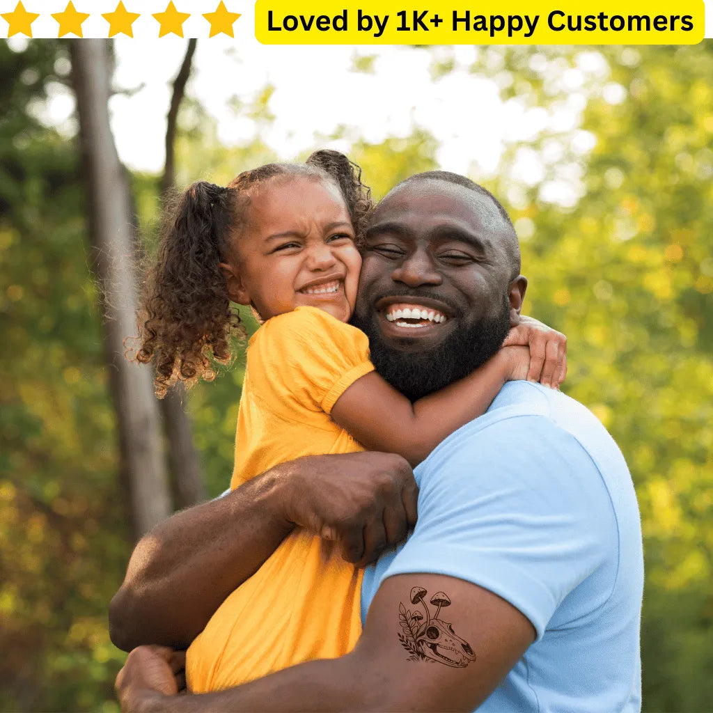 Man hugging a young girl outdoors with a 5-star rating and customer count overlay. Men's Tattoos Arm for Testing Your Next Tattoo