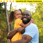 Man hugging a young girl outdoors with a 5-star rating and customer count overlay. Men's Tattoos Arm for Testing Your Next Tattoo