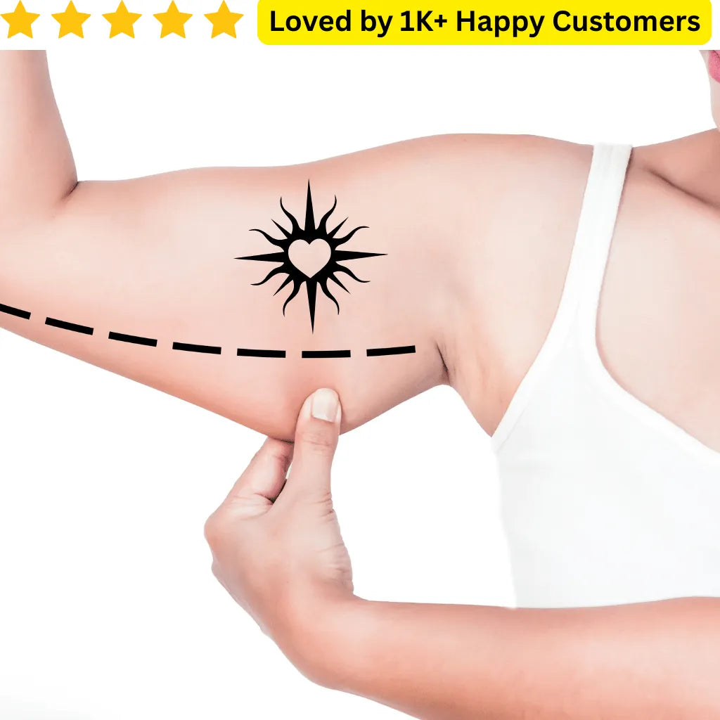 Person with a black sun tattoo on their arm, wearing a white tank top. Men's Tattoos Arm for Testing Your Next Tattoo