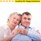 Two elderly people with tattoos on a white background, surrounded by text about customer satisfaction. Trusted Temporary Tattoos for Dementia, Diabetes &amp; Breast Cancer