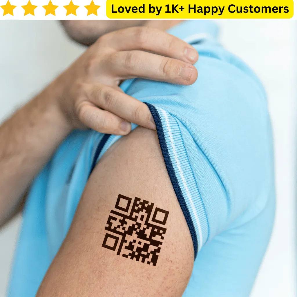 Person with a QR code tattoo on their arm, wearing a blue shirt. Branded Temporary Tattoos: Upload your Logo, Slogan, or Campaign Design – No Bulk Lock-In