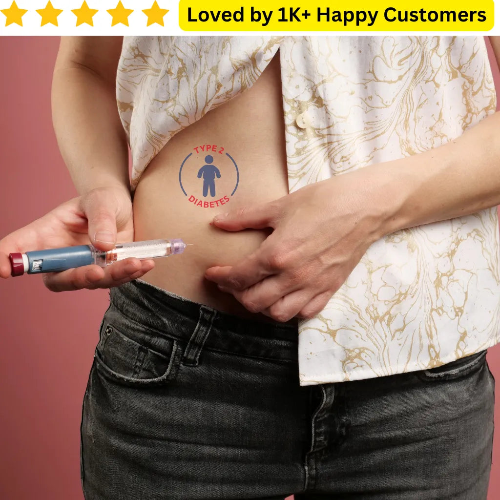 Person with a 'Type 2 Diabetes' tattoo on their stomach, holding a pen-like device. Trusted Temporary Tattoos for Dementia, Diabetes &amp; Breast Cancer