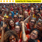 Group of people with raised hands, smiling, and wearing orange shirts with visible branding. Stand Out at Rallies, Events, and Campaigns with Custom, Skin-safe Tattoos