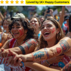 Two women with tattoos and face paint holding hands in a crowd, with text 'Loved by 1K+ Happy Customers' at the top. Stand Out at Rallies, Events, and Campaigns with Custom, Skin-safe Tattoos