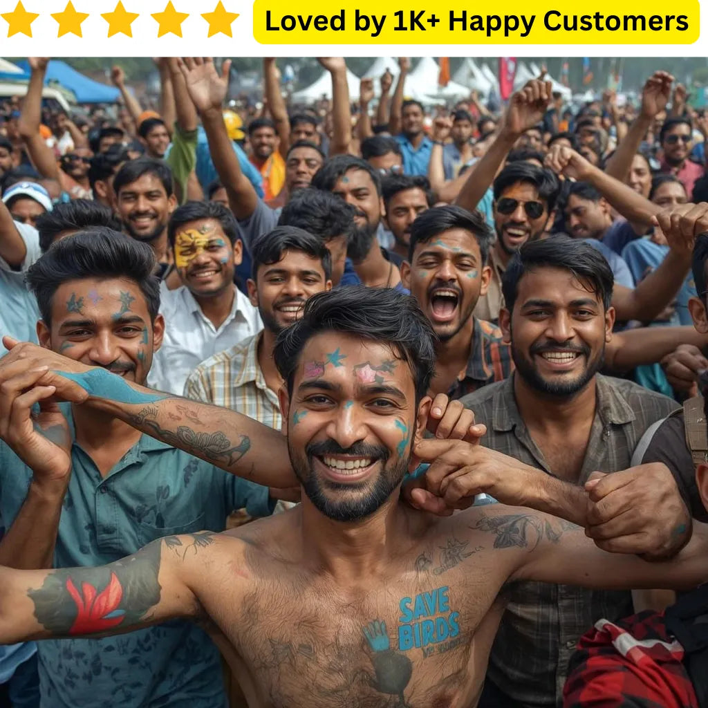 Group of people with tattoos and body art posing together, with a text overlay about happy customers. pload Artwork, Choose Tattoo Options, and Get Delivery Within 72 Hours in Durban & Umhlanga