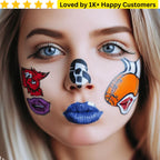 Woman with sports-themed face paint featuring a bull, soccer ball, basketball, and lips. Branded Temporary Tattoos: Upload your Logo, Slogan, or Campaign Design – No Bulk Lock-In, Fake Tattoos Custom – Your Design, Your Way