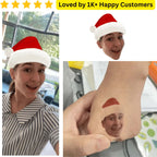 Person wearing a Santa hat with a close-up of a tattoo on a person's arm, surrounded by text about customer satisfaction. Custom Temporary Tattoos for Kids South Africa