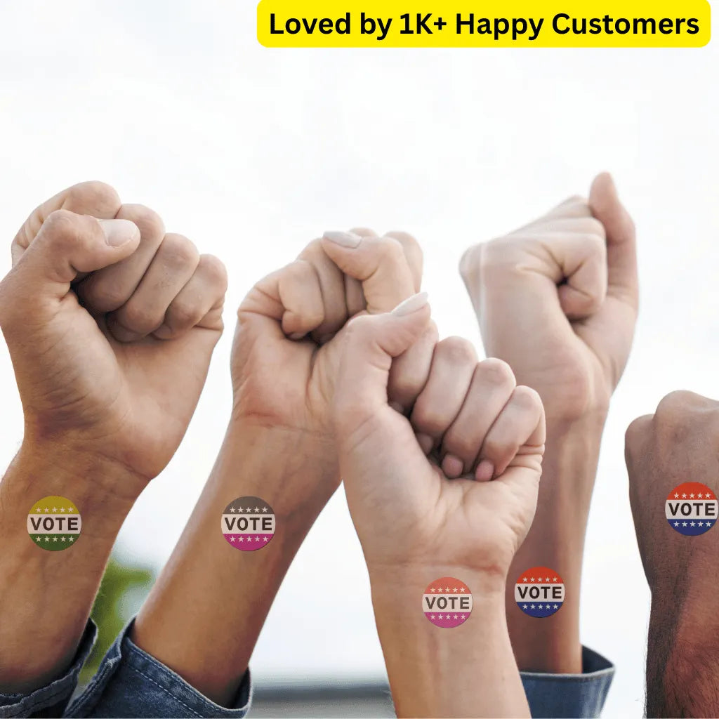 Hands with 'VOTE' wristbands and a text overlay about happy customers. Personalized tattoos Temporary That Turn Political Support Into Style