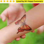Butterfly tattoo on a child's arm with a green background and text about customer satisfaction. Custom Tattoo – Your Design, Your Statement 🎨