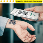 Hand with QR code tattoo, smartphone scanning, and text 'Loved by 1K+ Happy Customers' above. Branded Temporary Tattoos: Upload your Logo, Slogan, or Campaign Design – No Bulk Lock-In