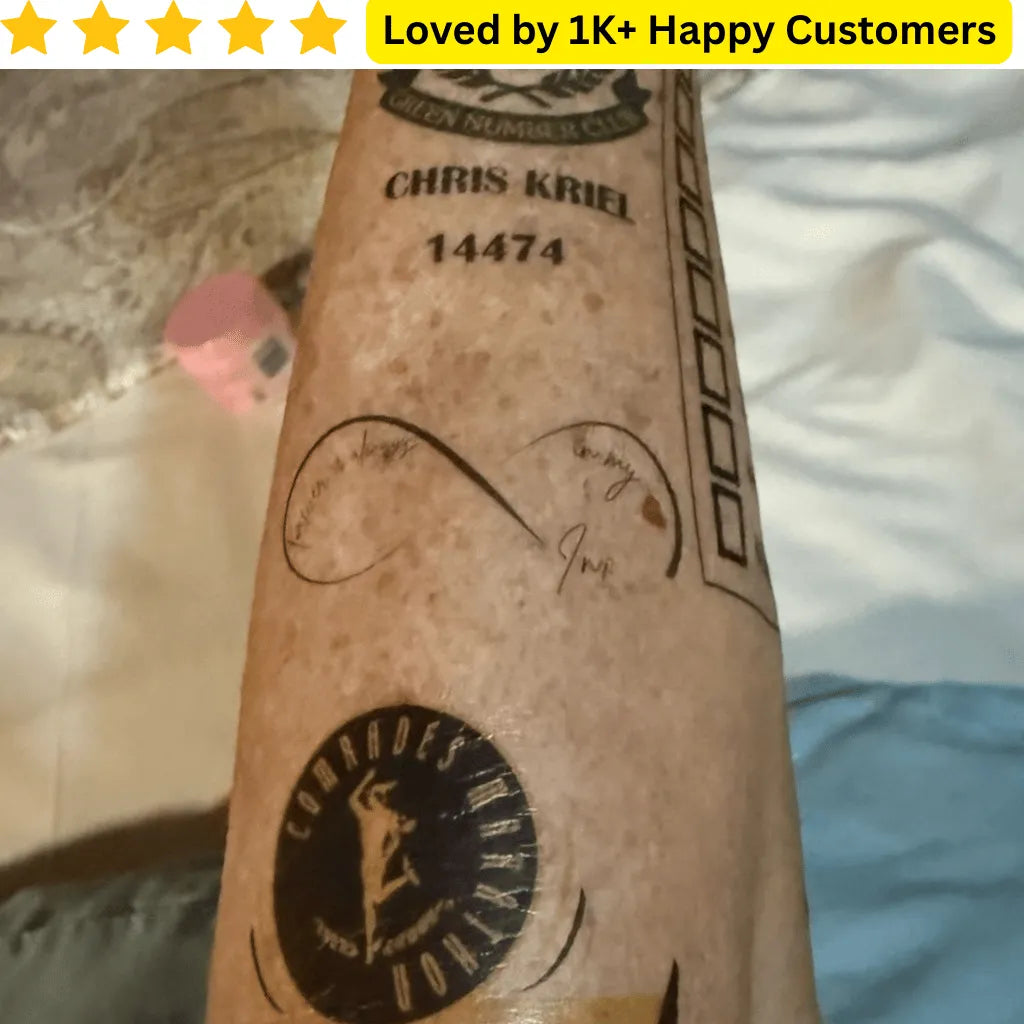Close-up of a cork with branding and text, featuring a logo and 'Chris Kriel 14474' on a textured background. Custom Tattoo – Your Design, Your Statement 🎨