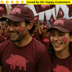 Two people wearing maroon hats and shirts with a pig logo, surrounded by similar attire and flags, with text 'Loved by 1K+ Happy Customers' at the top. Personalized Tattoos Temporary TattoosThat Turn Political Support In style