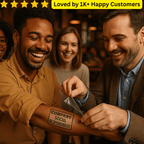 Two men laughing together with a 'Company Social Responsibility' stamp on one man's arm, surrounded by smiling people in a warm setting. Temporary Custom Tattoos – Designed by You, Printed by Us