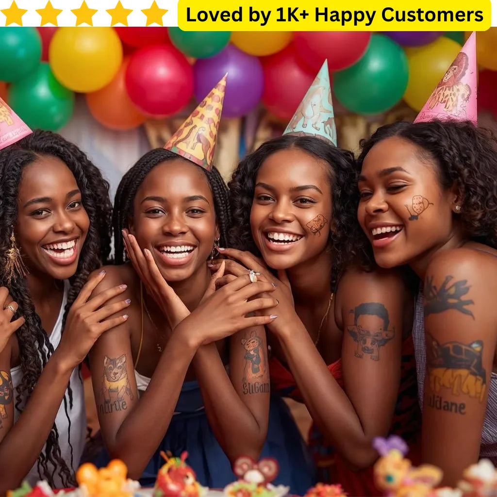 Four women wearing party hats in a celebratory setting with balloons and cake. Boost Event Impact with Custom Tattoo Temporary – Flexible Sheets, Fast Delivery