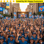 Large group of people in blue shirts with a stage and crowd in a city setting, featuring Rooster Teeth branding. Personalized Tattoos Temporary TattoosThat Turn Political Support In style
