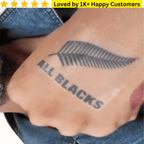 Tattoo of 'ALL BLACKS' on a person's arm with a star rating and text above. Temporary Tattoo Printing – Fast, Affordable &amp; Local